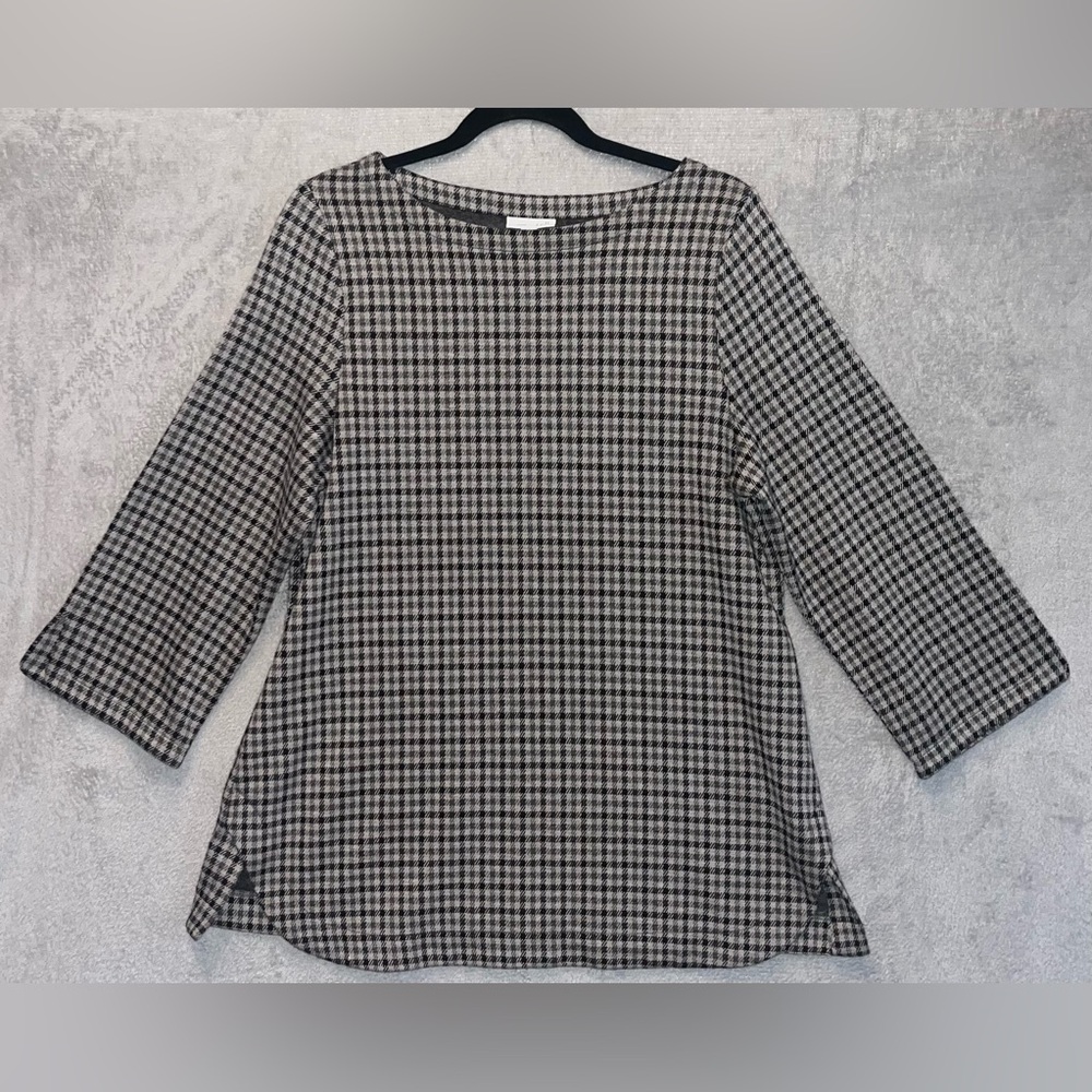 J. Jill Ponte Tunic Top Blouse‎ Medium Gray Black Plaid Stretch 3/4 Sleeve EUC